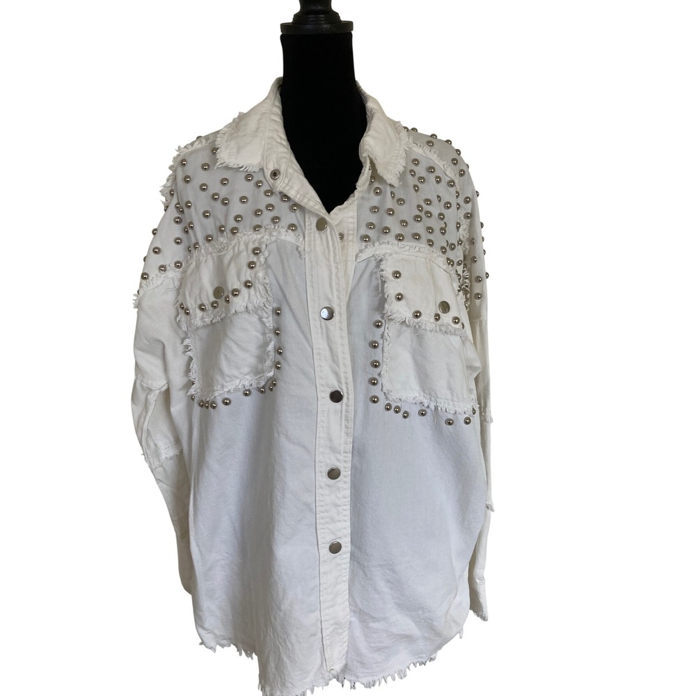 Elam White Studded Denim Shacket Oversized Frayed Button Down Jacket DE8134 M